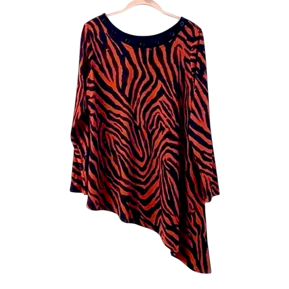 💟 2/$20 Isabel Orange & Black Zebra Striped Asymmetrical Blouse Large